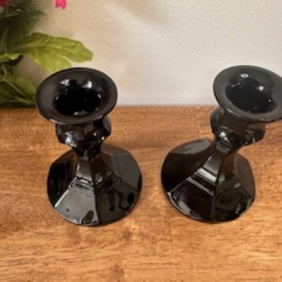 Vintage Indiana Glass Black Amethyst Candle Holders Pair Gothic Decor Art Deco S - Picture 3 of 5